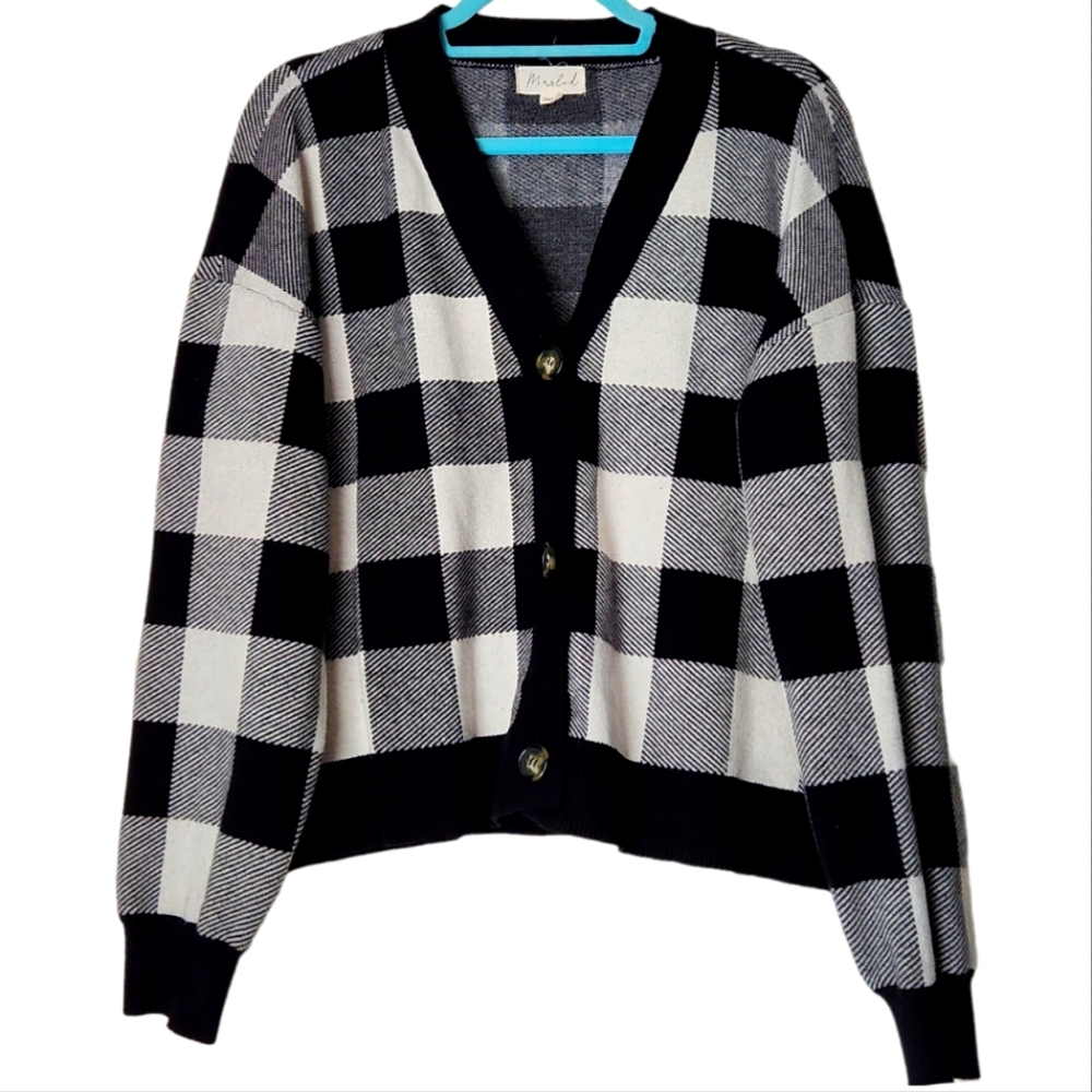 Marled Black/White Plaid Cardigan